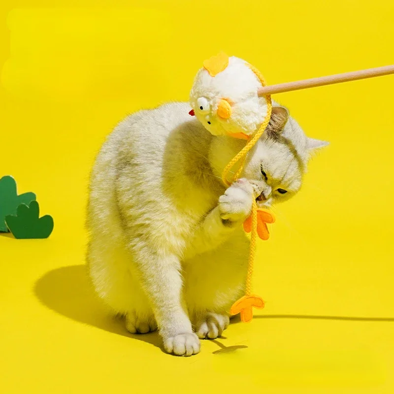 Nuevo varita mágica para gatos y pollo, palo largo de madera de menta, juguete interactivo para gatos, muñeco de pollo de dibujos animados, decoración con borlas - imagen 2