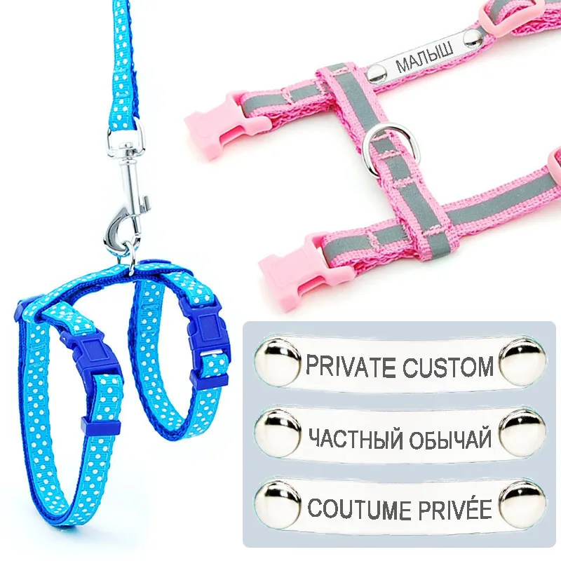 Arnés de Collar para perro y gato con identificación personalizada, correa ajustable de nailon sin grabado, arnés reflectante para Collar para mascotas a cuadros con puntos para cachorros
