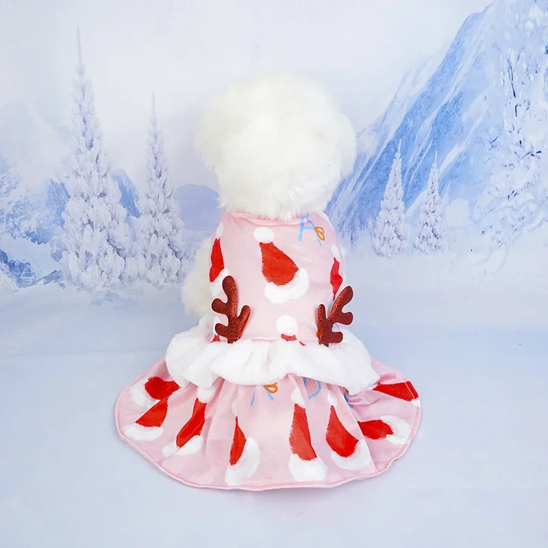 Vestido festivo navideño rosa para perros con gorro de Papá Noel y estampado de astas, traje para mascotas para perros pequeños y medianos - imagen 4