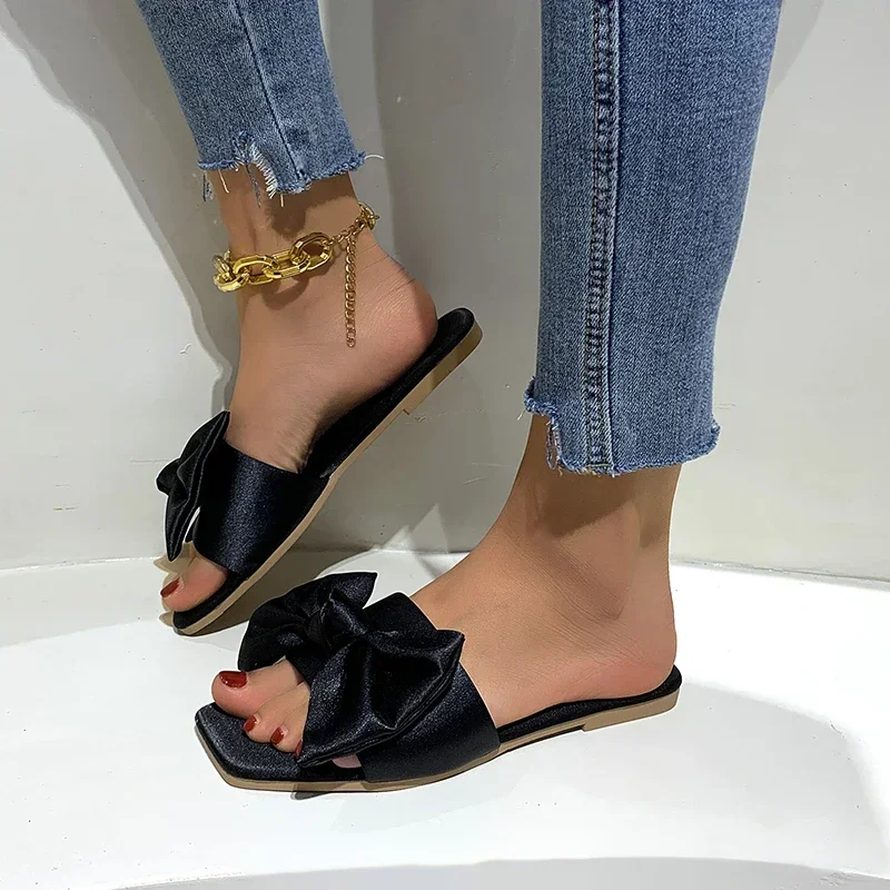 Zapatillas de boda rojas, sandalias para mujer, zapatos de verano para mujer, zapatillas de dama de honor de suela suave de satén, sandalias de Color sólido para mujer, novedad de 2025 - imagen 3