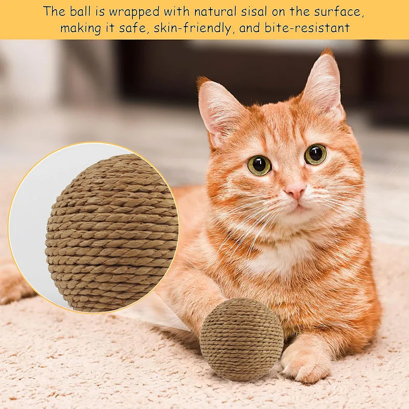 Bola interactiva de Sisal para rascar gatos, juguete para gatos, bola rodante para limpieza de dientes de gatito, juguete de plumas antimordeduras, suministros para mascotas - imagen 5
