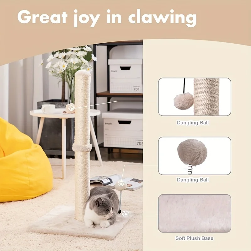 Poste rascador para gatos de 34 pulgadas de alto, rascador básico Premium para gatos, poste rascador de Sisal para interiores, correa para árbol, bola colgante para gatos adultos - imagen 3