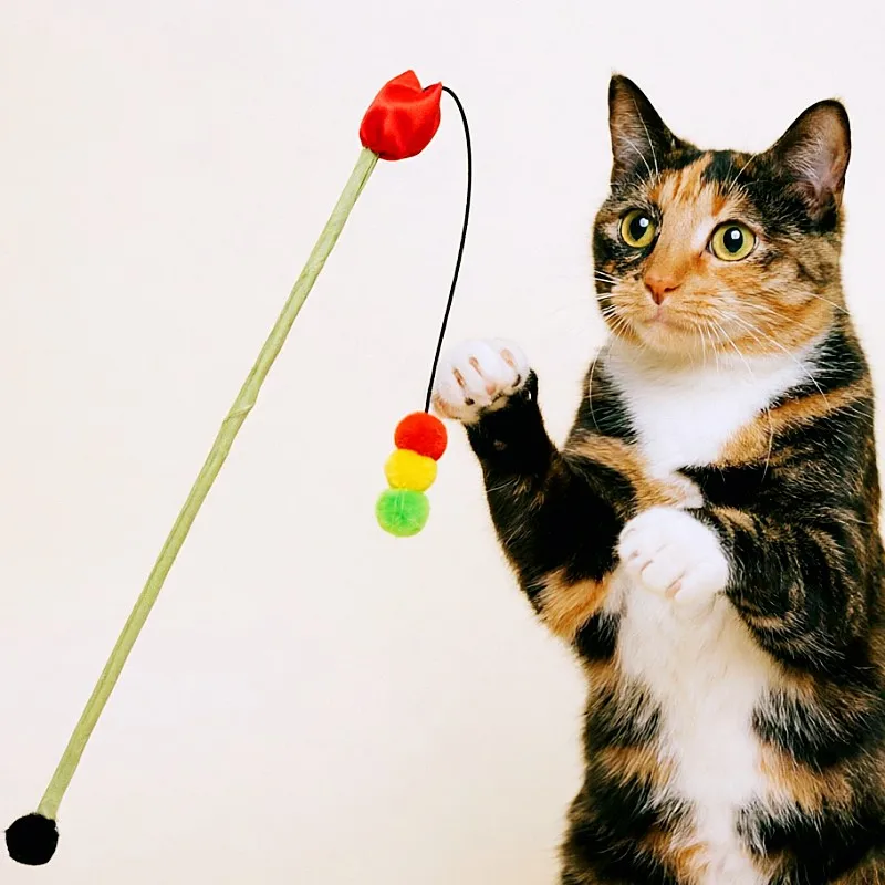 Juguetes para gatos: varita flores, bola lana y rascador de mango largo - imagen 3