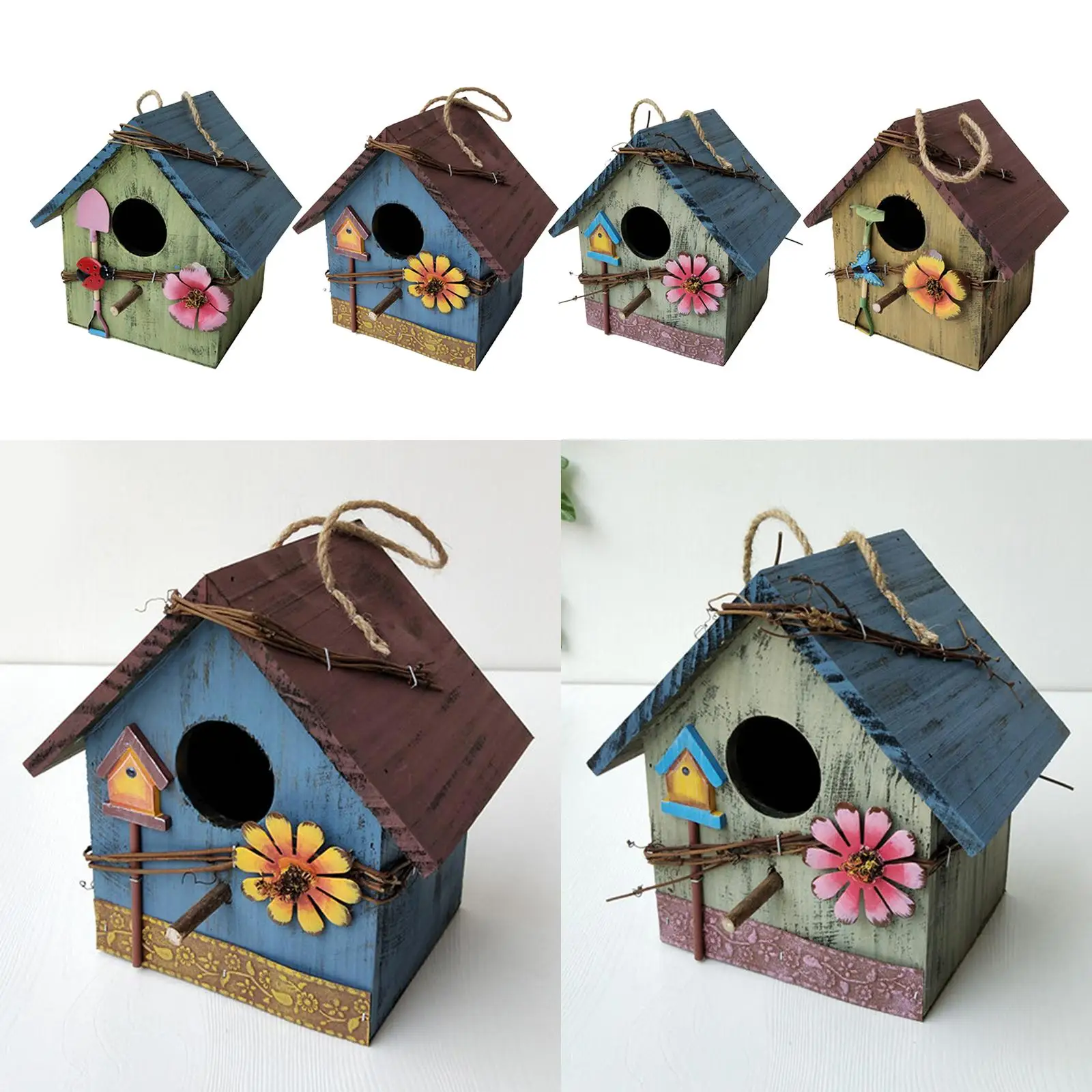 Hand-painted Bird House w/Flowers Outdoor Porch Rustic Decorative Birdhouses