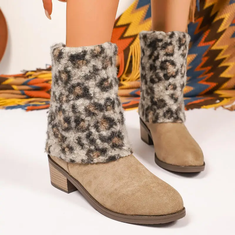 Botas de media pantorrilla de tacón grueso de lana de leopardo para Mujer, Botas cortas de diseñador de ante de lujo para invierno, Botas de talla grande, zapatos para Mujer - imagen 4