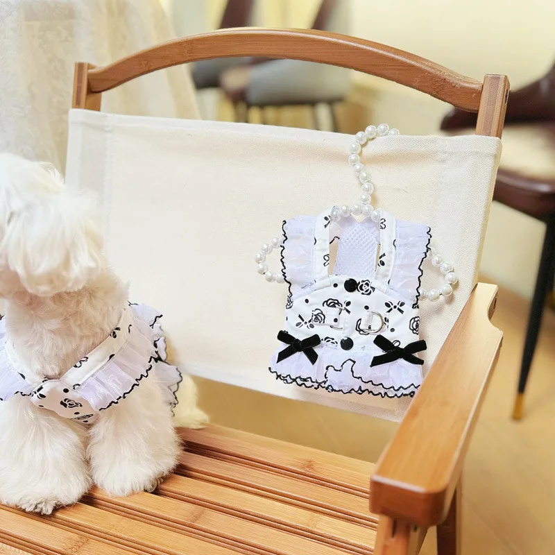 Arnés de verano para perros, arnés de flores blanco y negro, vestido para mascotas, gato, chaleco blanco para cachorros, arnés, Kit de plomo, Chihuahua, Yorkshire Terrier - imagen 4