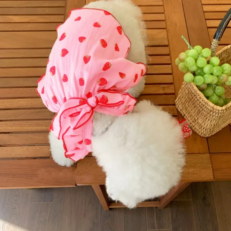 Vestido de fresa para perros, bonito disfraz de princesa con lazo para perros, ropa para niñas y cachorros, falda para gato Chihuahua Bichon Yorkie, tirantes para perros - imagen 3