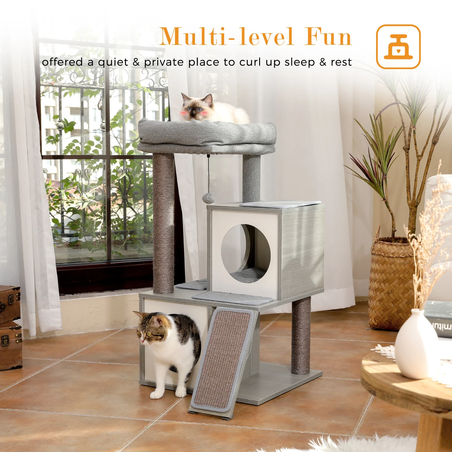 Árbol para gatos con rascadores sisal, condos y torre de madera