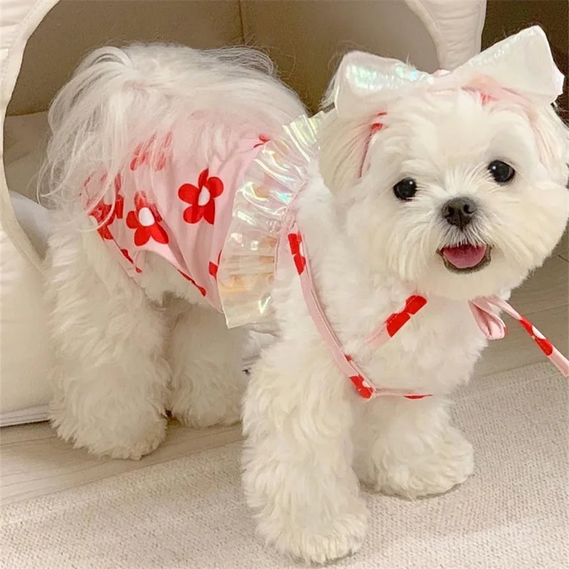 Traje de baño de flores para perros de primavera, traje de baño de dos patas con tirantes para gatos, Bikini para mascotas, ropa para perros de peluche, sombrero para el sol con lazo - imagen 2