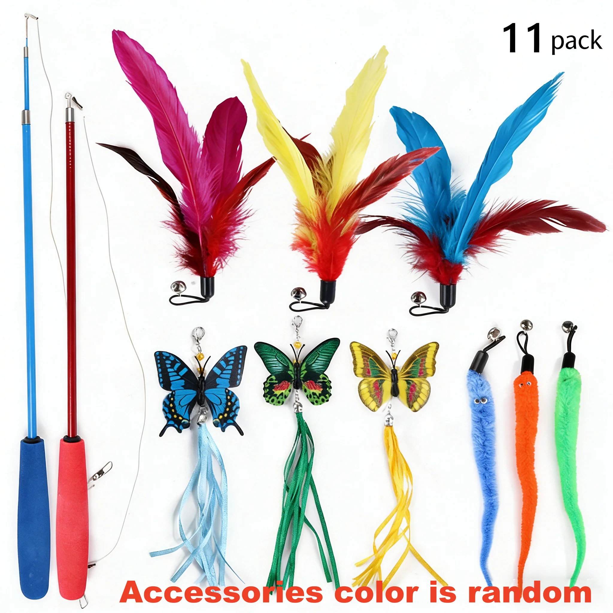 Varita para gatos con cabezal de repuesto de plumas de juguete de peluche, varilla extensible, juego de juguetes para masticar autónomos para gatos - imagen 2