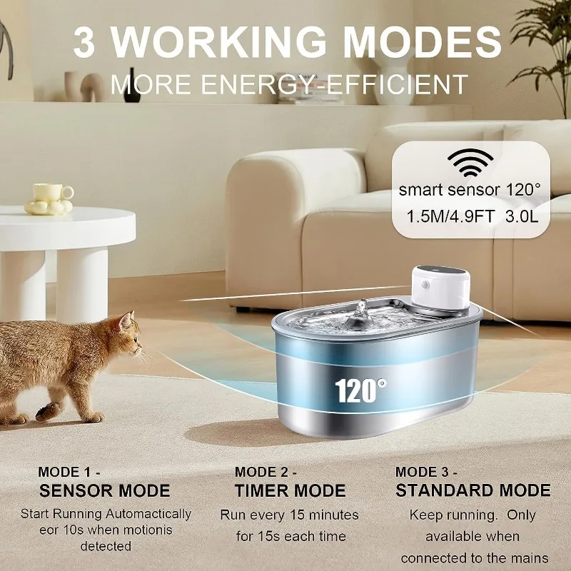 Fuente de agua inalámbrica de acero inoxidable para mascotas, dispositivo con batería recargable de 3,0 L, con Sensor de movimiento en el interior, para gatos - imagen 3