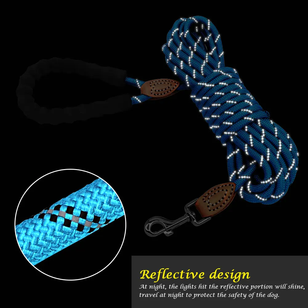 Correa de nailon larga y duradera para perro, cuerda reflectante de plomo con mango, correas para caminar para cachorros, perros pequeños y grandes, Pug azul, 3M, 15M - imagen 3