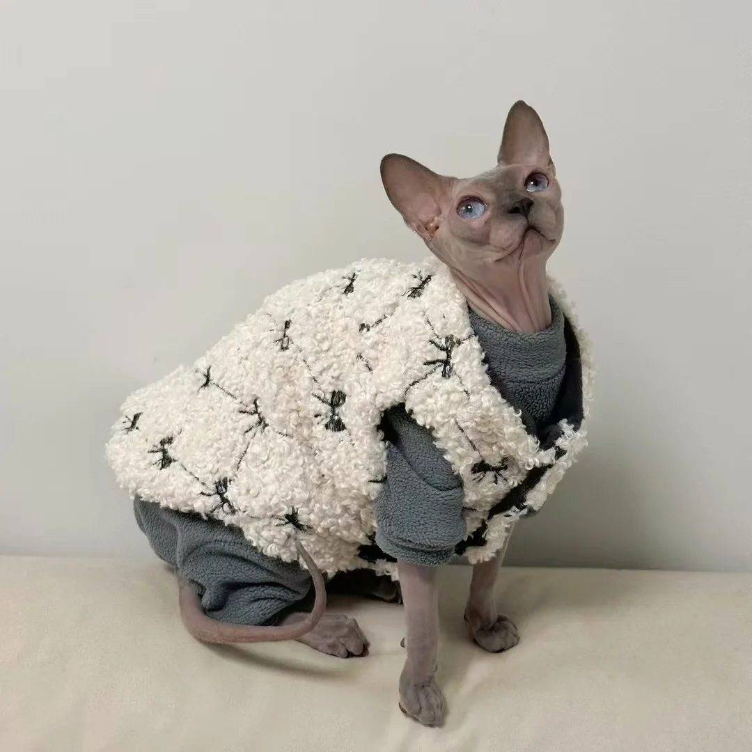 Dulce traje de invierno para gatas gruesas 4 patas Abrigo polar gris grueso de 4 patas Chaqueta de chaleco con lazo blanco para gatitos Mono suave para gato sin pelo