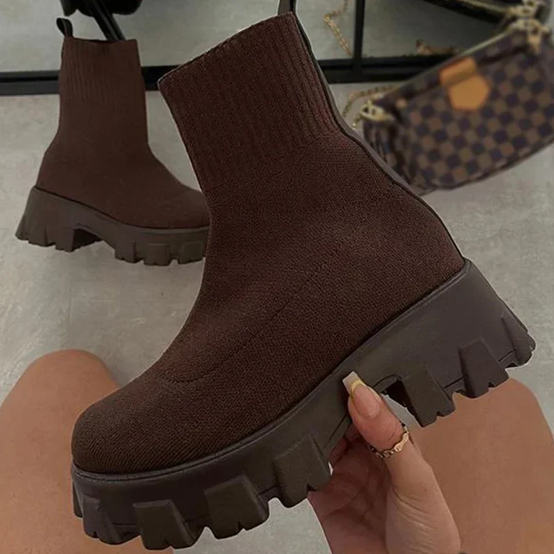 Botas de Mujer, Botas cortas de plataforma de punto, zapatos de Otoño Invierno para Mujer, botines con tacones, Botas blancas de invierno, zapatos informales para Mujer - imagen 3