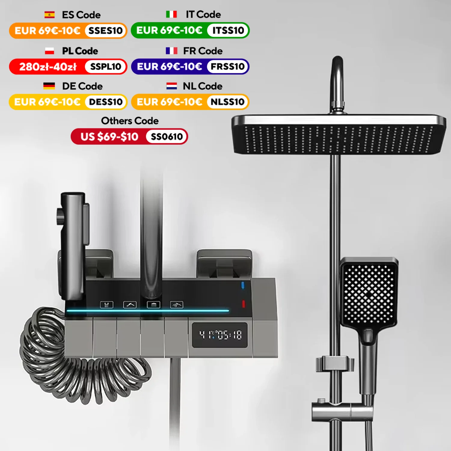 Juego de grifo de ducha con luz LED, termostato de ducha con pantalla Digital, descarga a alta presión, grifos de cobre, duchas para baños - imagen 3