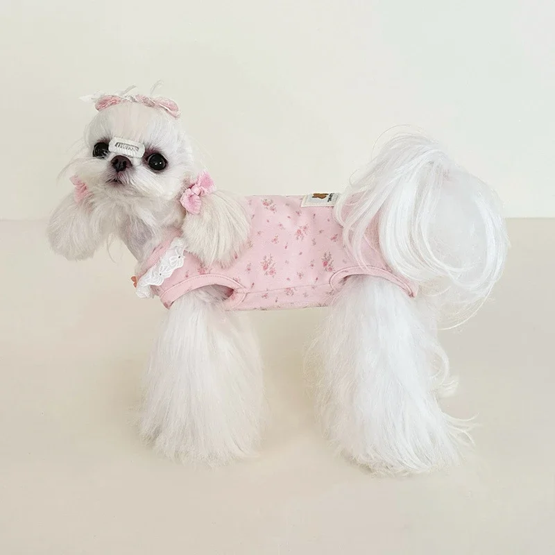 Lindo encaje Otoño/Invierno mono para mascotas ropa para perros Floral y terciopelo elástico ropa de dormir de casa pijamas de tela para cachorros disfraz para perros - imagen 4