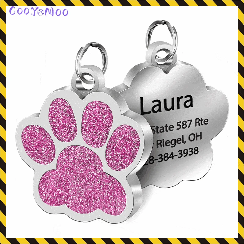 Bolsas personalizadas para perros y gatos, Collar con nombre grabado para cachorros y mascotas, colgante con purpurina de pata de acero inoxidable, accesorios para perros y mascotas