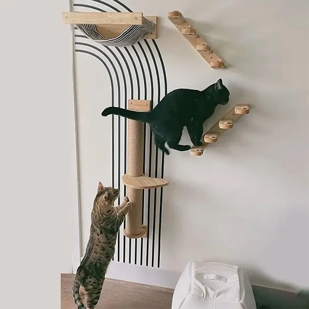 Marco escalada madera gato con plataforma salto y pasos pared - imagen 5