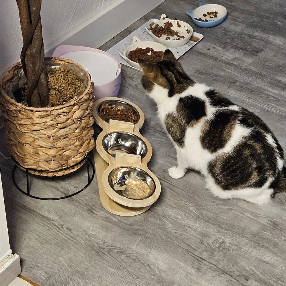 Estación de alimentación para mascotas de madera elevada con 3 tazones inclinados, platos extraíbles de acero inoxidable para perros y gatos pequeños y medianos de interior - imagen 5