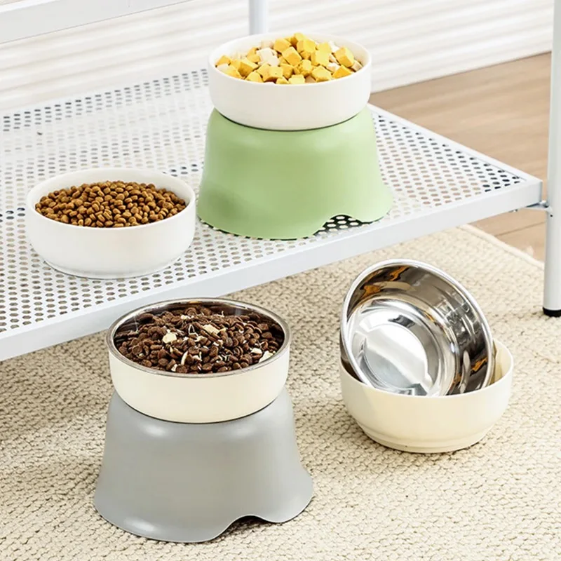 Un nuevo cuenco de flores de cerámica de acero inoxidable con cuello de patas altas, cuenco para perros y gatos, cuenco anti-punta para mascotas