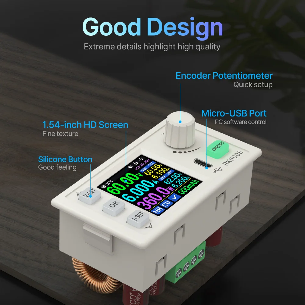 Fuente de alimentación CC RK6006 RK6006-BT, 4 dígitos, 60V, 6A, voltaje reductor, placa de comunicación USB/Bluetooth, convertidor Buck ajustable - imagen 3