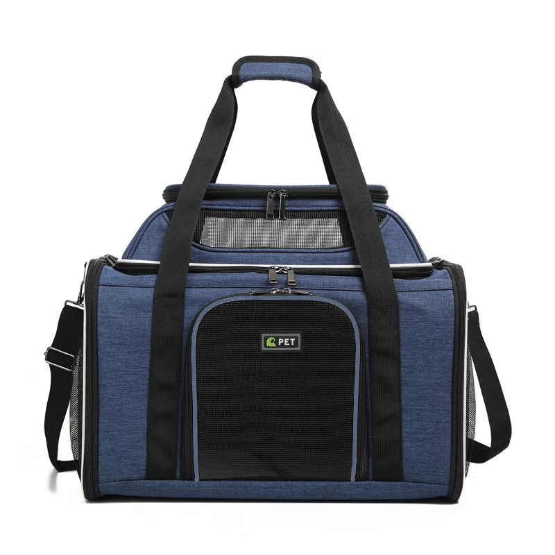 Bolsa transportadora para mascotas transpirable con diseño de malla, transportador plegable para cachorros de viaje con espacio superior expandible, bolsas de lados suaves para perros, azul - imagen 4