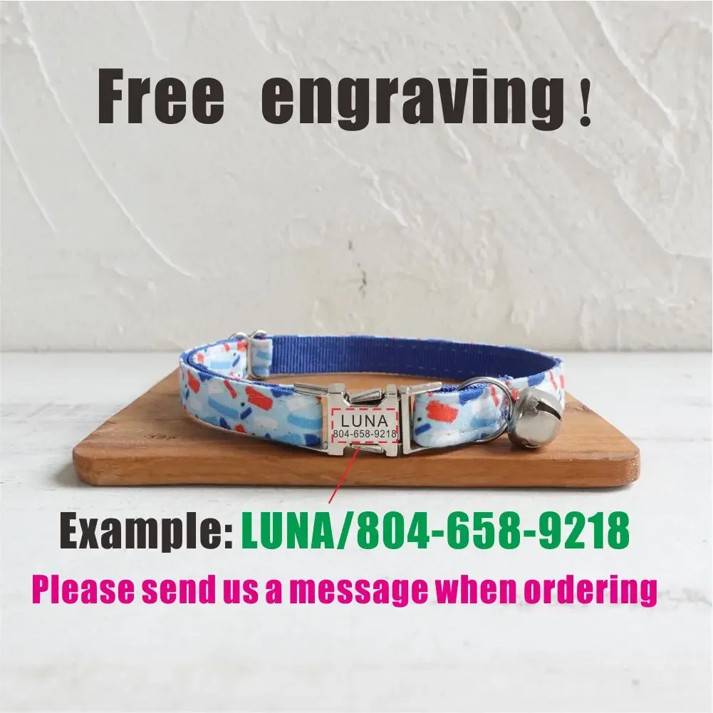 Collar de gato personalizado, contactos de nombre de identificación personalizados, hebilla de Metal, collares de gato de terciopelo de caramelo de dibujos animados ajustables con campana - imagen 4