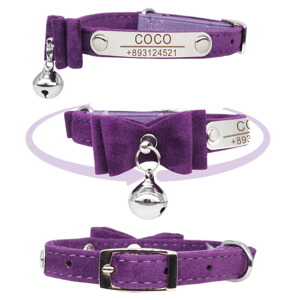 Collar de gato personalizado con lazo, identificación personalizada, seguridad ajustable, terciopelo suave con campana, Collar para perro, grabado gratis, Collar para cachorros y gatitos - imagen 3