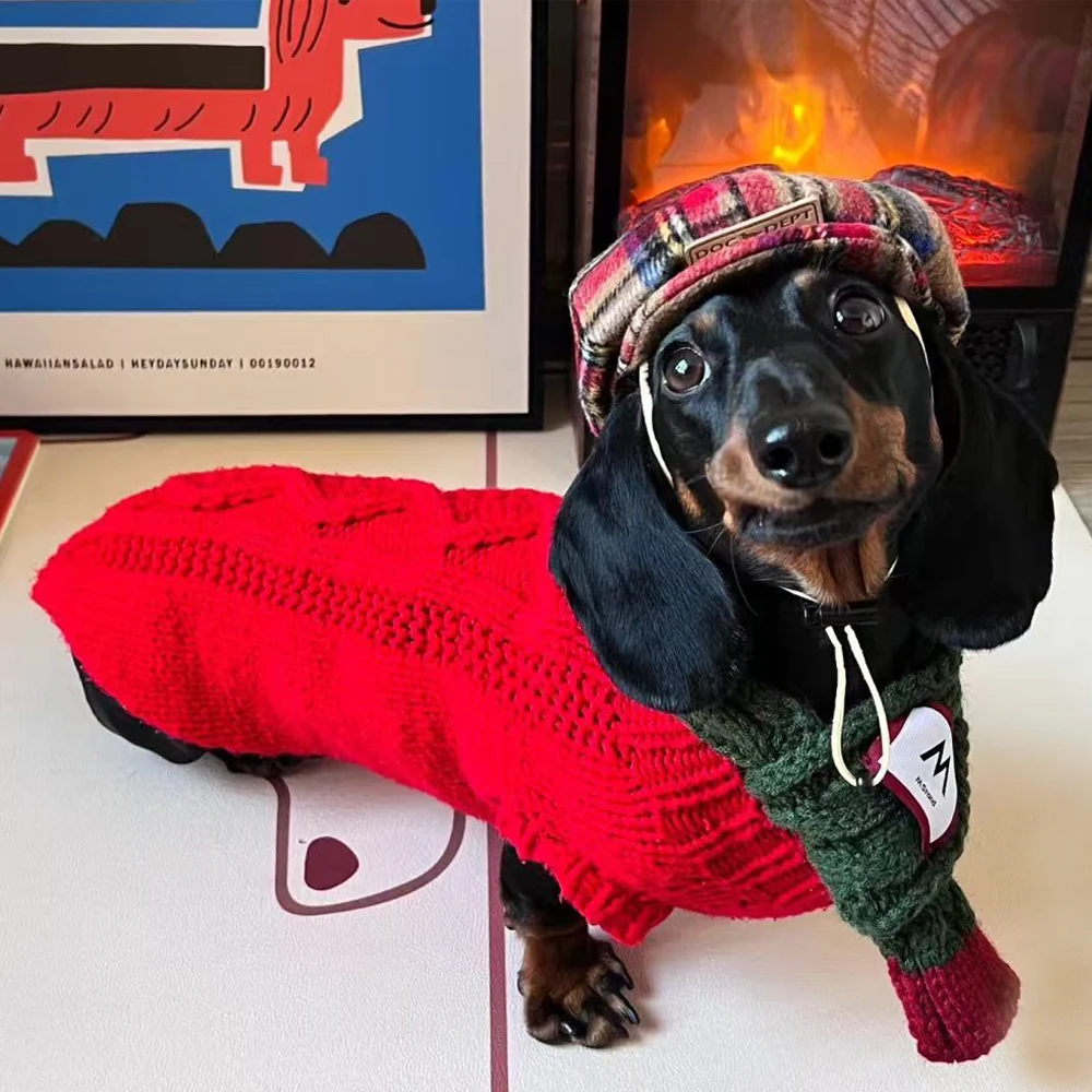 Ropa roja de Año Nuevo para perros pequeños salchicha, abrigo de lana de felpa, suéter cálido para perros Wiener, prendas de vestir de invierno para perros pequeños de tejón