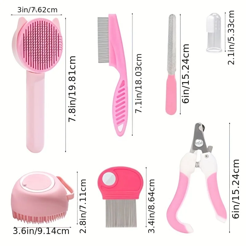 Kit de belleza con cepillo para gatos, kit de autolimpieza con cortaúñas y limas para mascotas, peine para pulgas, champú para mascotas, cepillo de baño, 8 piezas - imagen 2