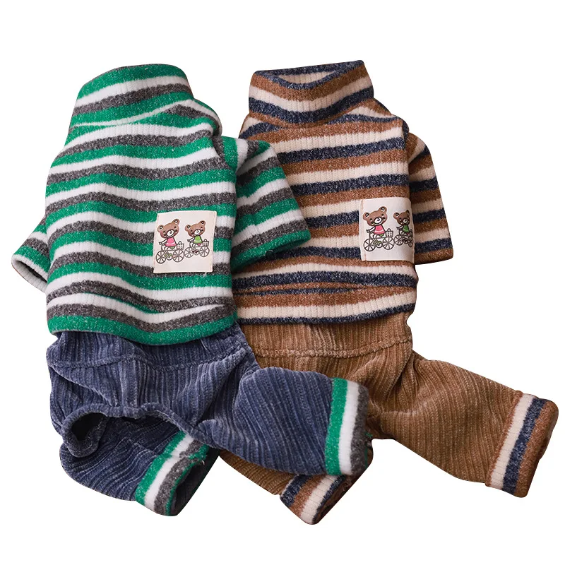 Pantalones de cuatro patas de retales a rayas para mascotas, mono de otoño e invierno, camisa Base, ropa para perros, ropa de dormir cálida para el hogar de peluche - imagen 5