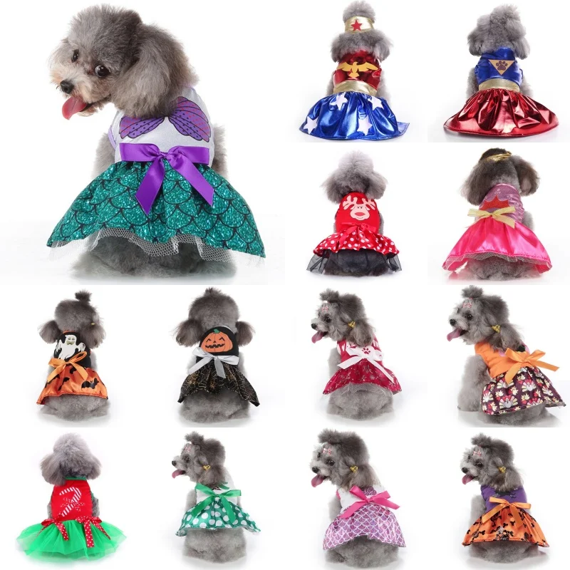 Ropa navideña para perros, falda de princesa de Halloween, disfraz con estampado de murciélago para cachorros, vestidos de gato con lazo a la moda, trajes elegantes para mascotas, suministros para caniche - imagen 4