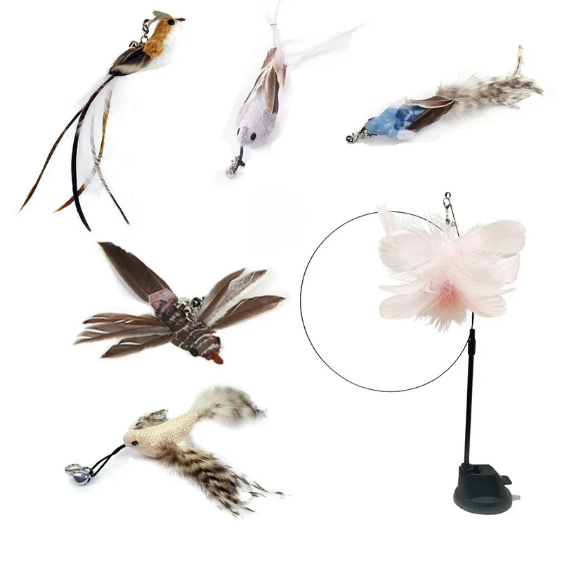Varita de juguete interactiva para gato, palo para jugar con manos libres con ventosa, pluma con cabeza, 7 paquetes