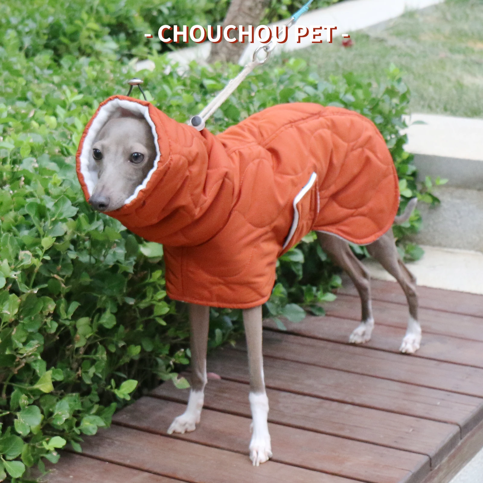 Invierno perro exterior naranja acolchado cuello de tortuga abrigo para perro galgo italiano cálido ajustable algodón Whippet - imagen 4