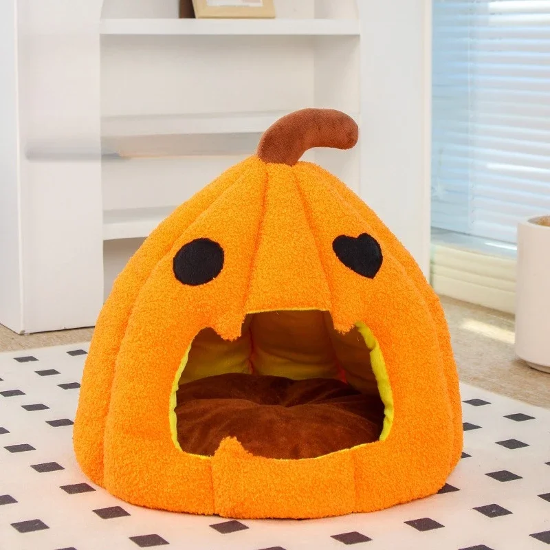 Cama cálida para gatos semicerrada calabaza Halloween otoño invierno - imagen 4
