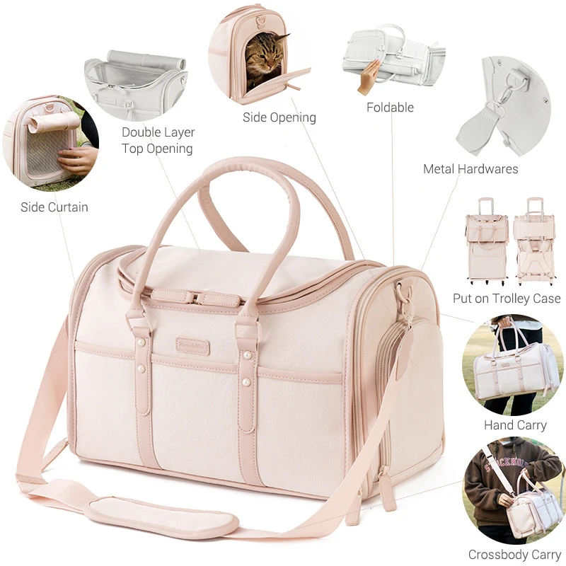 Bolsa de transporte de lujo para mascotas, bolso de viaje portátil para perros pequeños, color rosa Nude, transpirable, antiarañazos, Oxofrd, plegable - imagen 4