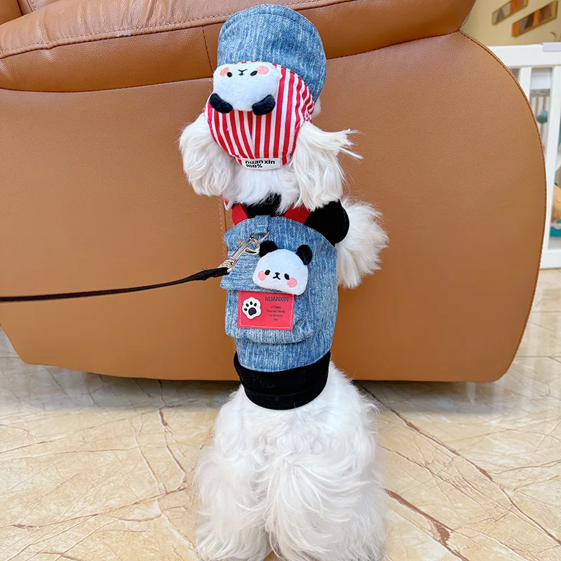 Lindo chaleco con arnés para perro con diseño de Panda, conjunto de camisa con sombrero, traje para paseos al aire libre, ropa elegante y funcional para mascotas para perros pequeños
