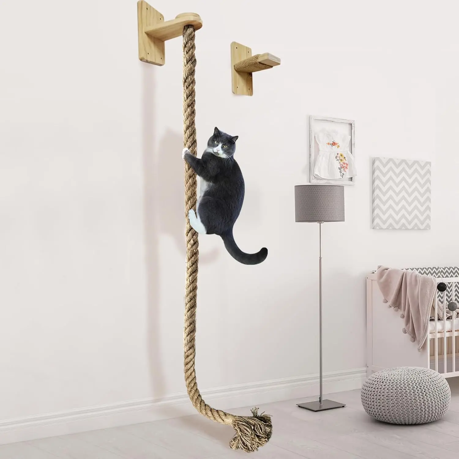 Cuerda de escalada para gatos montada en la pared, rascador de cuerda de Sisal y perchas de madera, perfecto para escalar gatos, garras y descansar - imagen 4