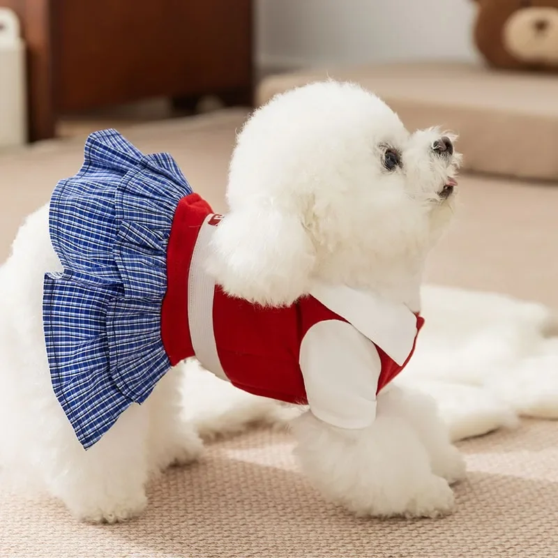 Vestido de otoño para perros, ropa para cachorros, vestido de peluche de estilo universitario, cuello de camisa, jersey para perros pequeños, falda clásica a cuadros de Yorkshire - imagen 5