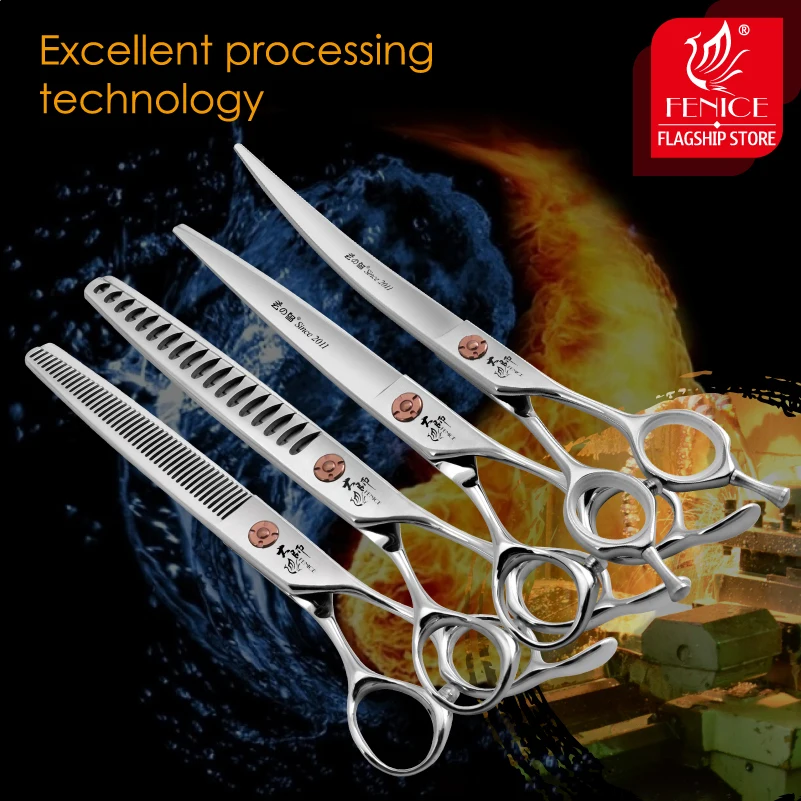 Fenice-Tijeras profesionales de acero japonés para mascotas, Kit de aseo para perros, recto, curvo, más delgado, grueso y esponjoso, 7 pulgadas - imagen 3