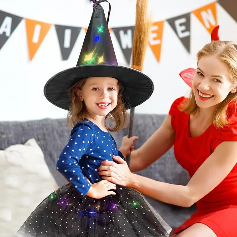 Sombrero de bruja con luz LED para niños, niñas y mujeres, falda de telaraña, disfraz de Mago para fiesta de Halloween - imagen 2