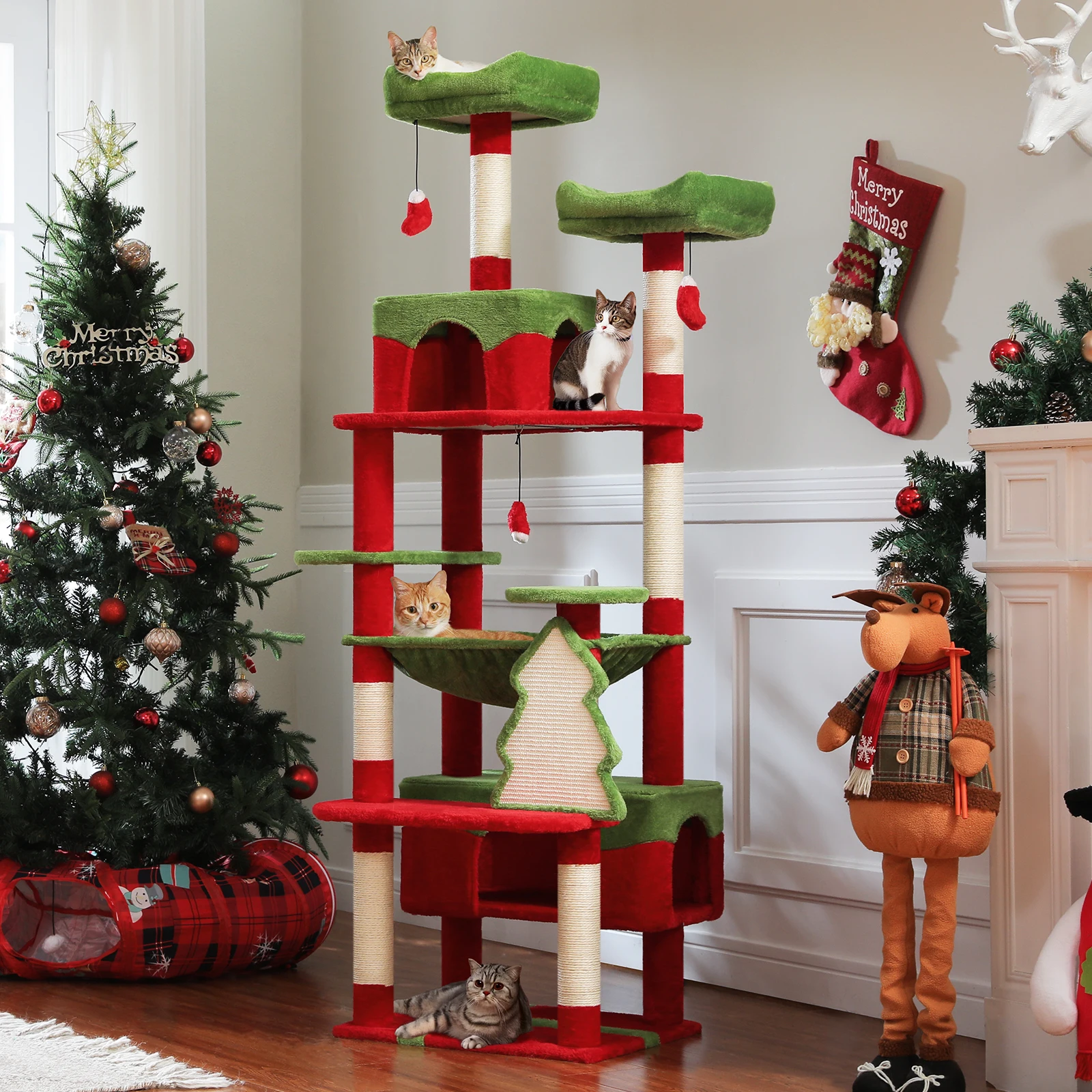 Árbol de Navidad para gatos de interior, torre para gatos de varios niveles con postes rascadores, perchas de hamaca acogedoras, juguetes grandes para gatos Condo