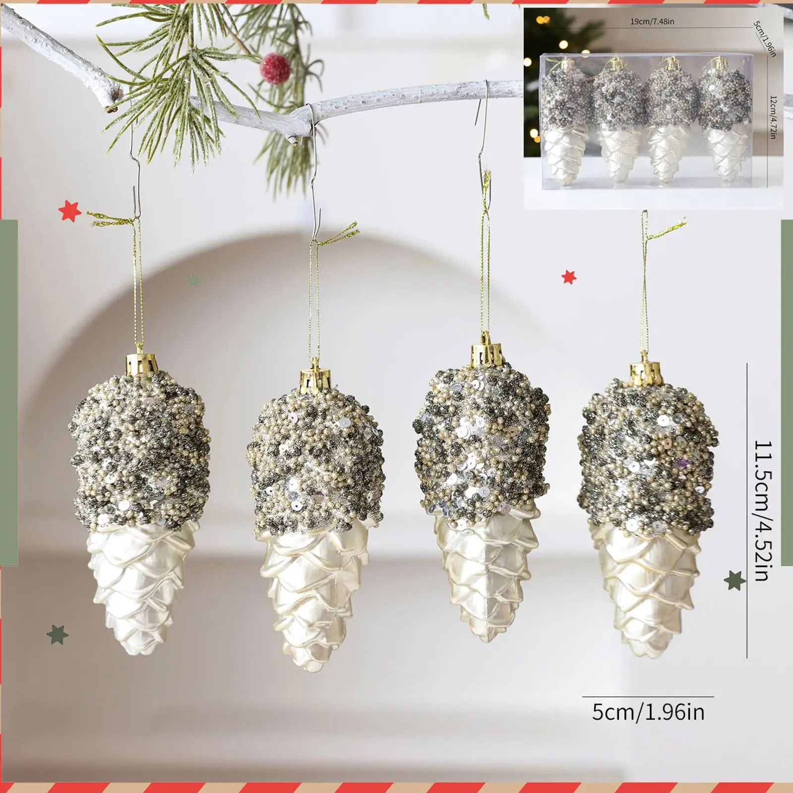 4x Christmas Pine Cones Shaped Pendants Crafts Rustic Christmas Ornament Hanging Funny Xmas Pendants for Holiday Engagement