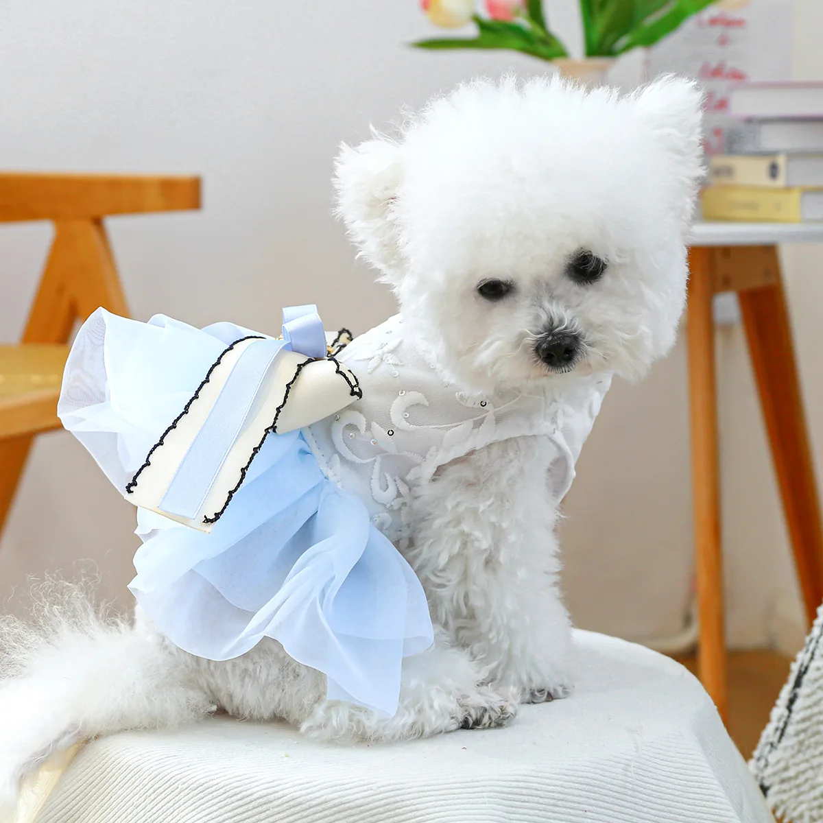Vestido con lazo de primavera para mascotas, ropa para perros, falda de hilo de Pony azul, vestidos para perros pequeños, ropa para cachorros, vestido pequeño - imagen 4