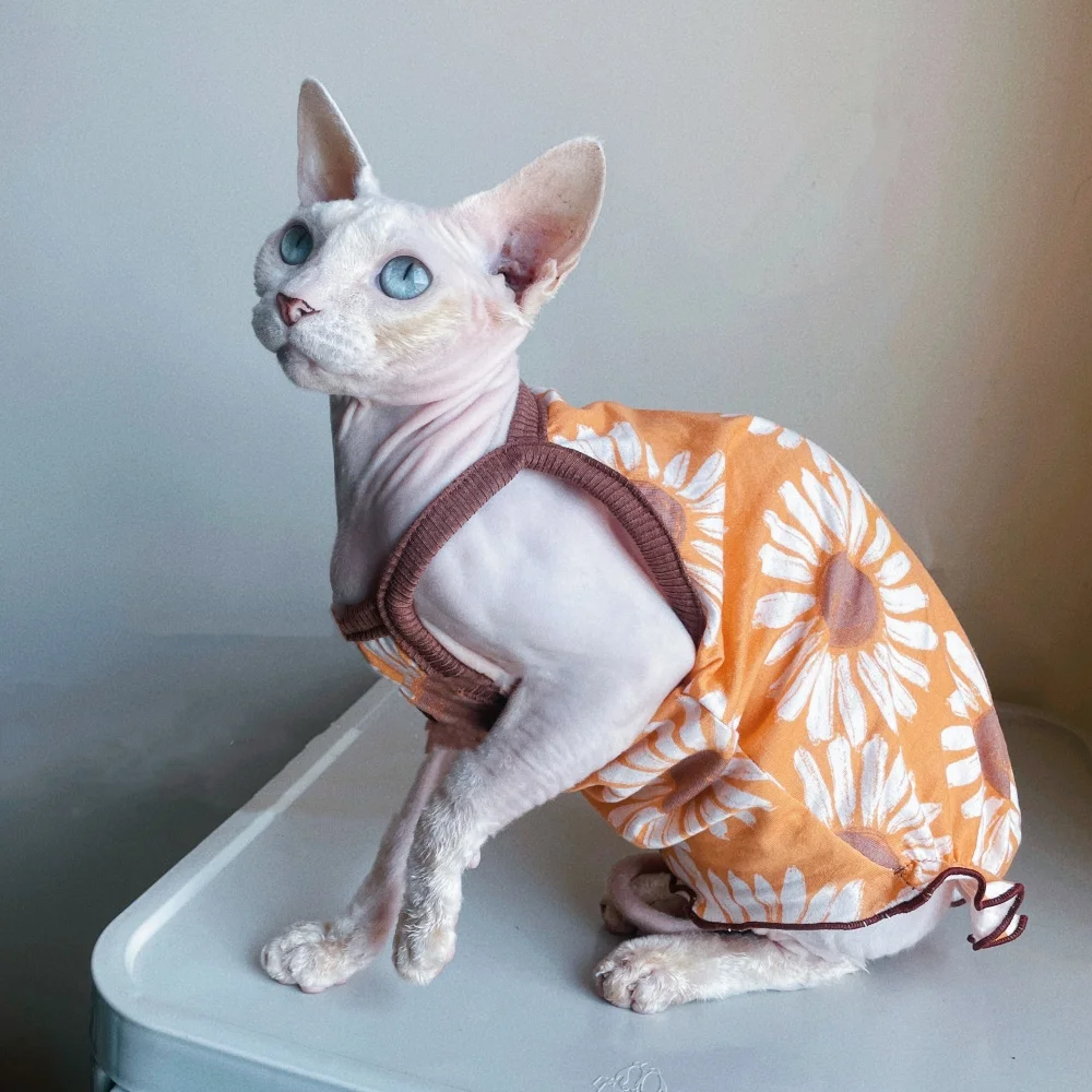Chaleco fino de algodón de verano para gato sin pelo, falda camisola de estilo rústico Floral azul dulce para gato Sphynx, mono suave para gatitos - imagen 4