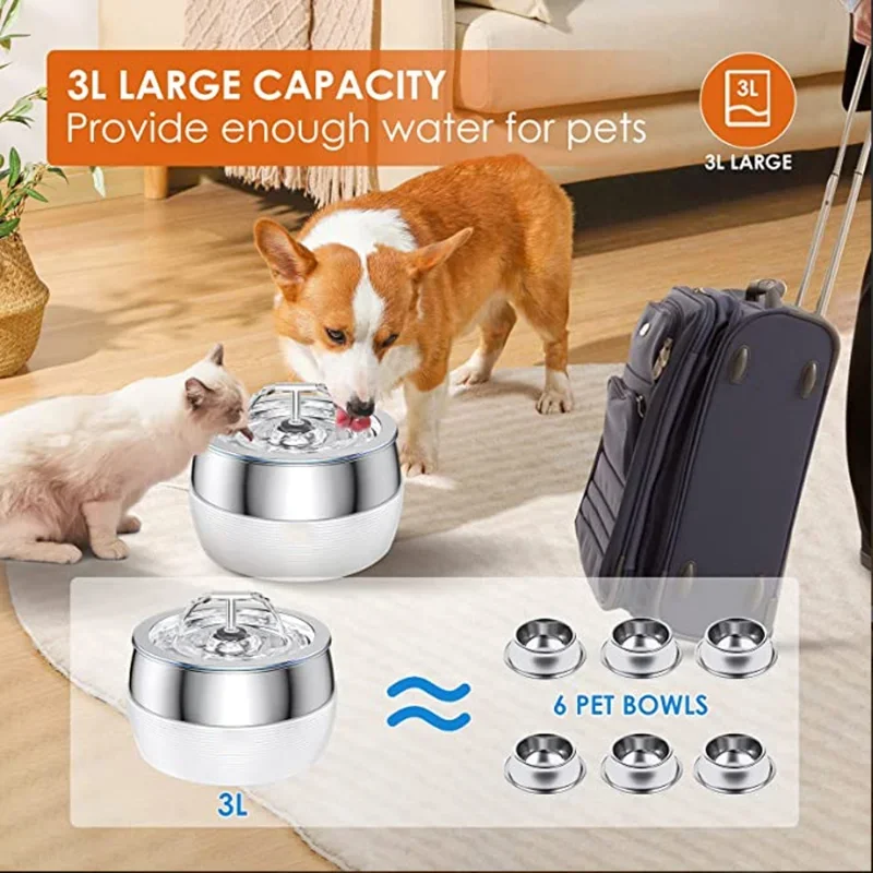 Comedero automático para mascotas de 3L, fuente de acero inoxidable 304, dispensador de agua para mascotas, filtro silencioso de gran capacidad, alimentador para beber para perros - imagen 4