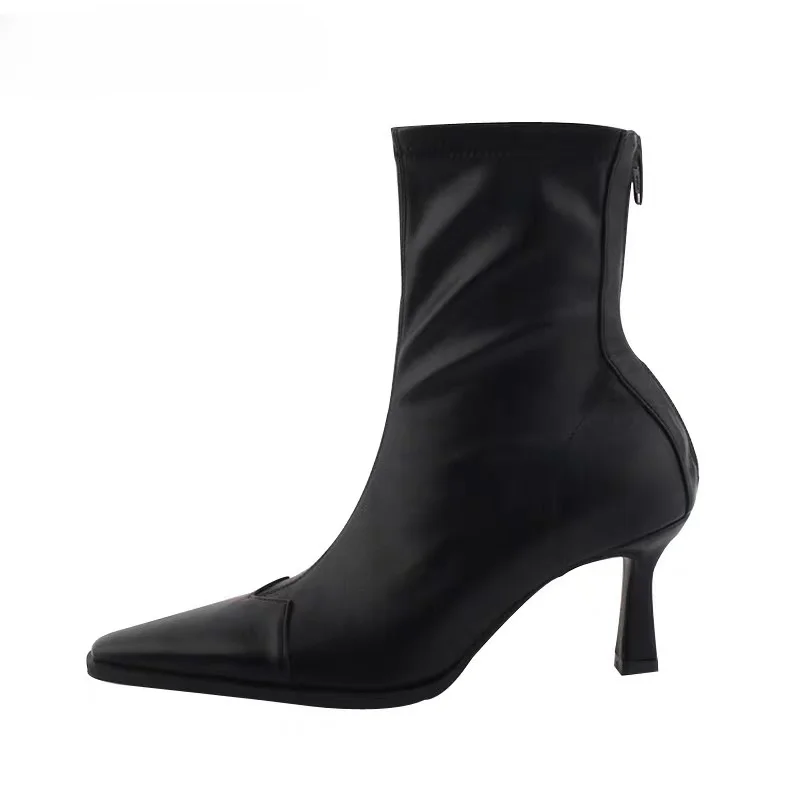 Botas cortas de punta estrecha para mujer, botines ajustados con cremallera, tacón alto grueso, zapatos de otoño e invierno - imagen 5
