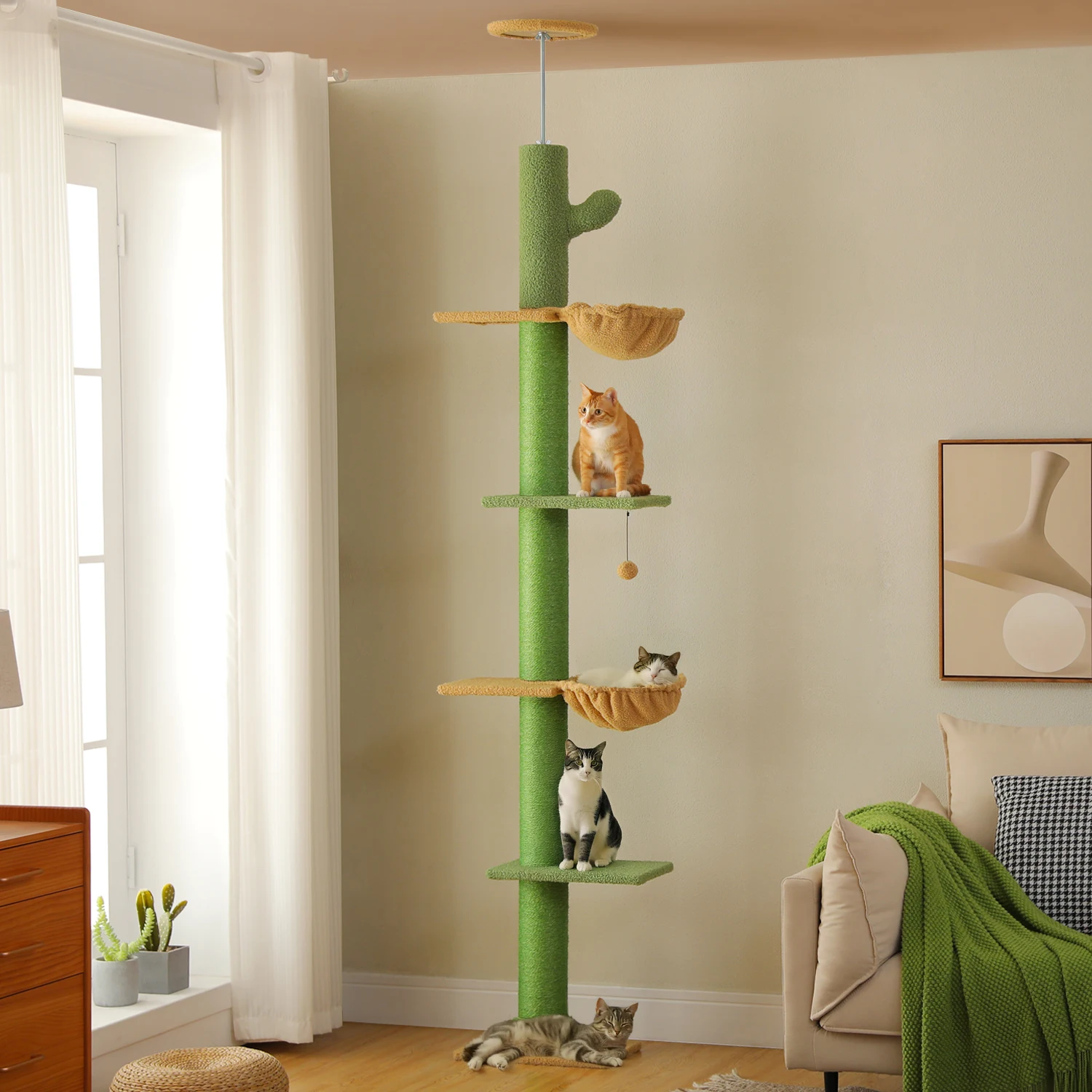 Árbol para gatos ajustable de 229-275 cm, torre para gatos de piso a techo con postes rascadores de sisal, hamaca para gatos doble y espacioso, postes más gruesos