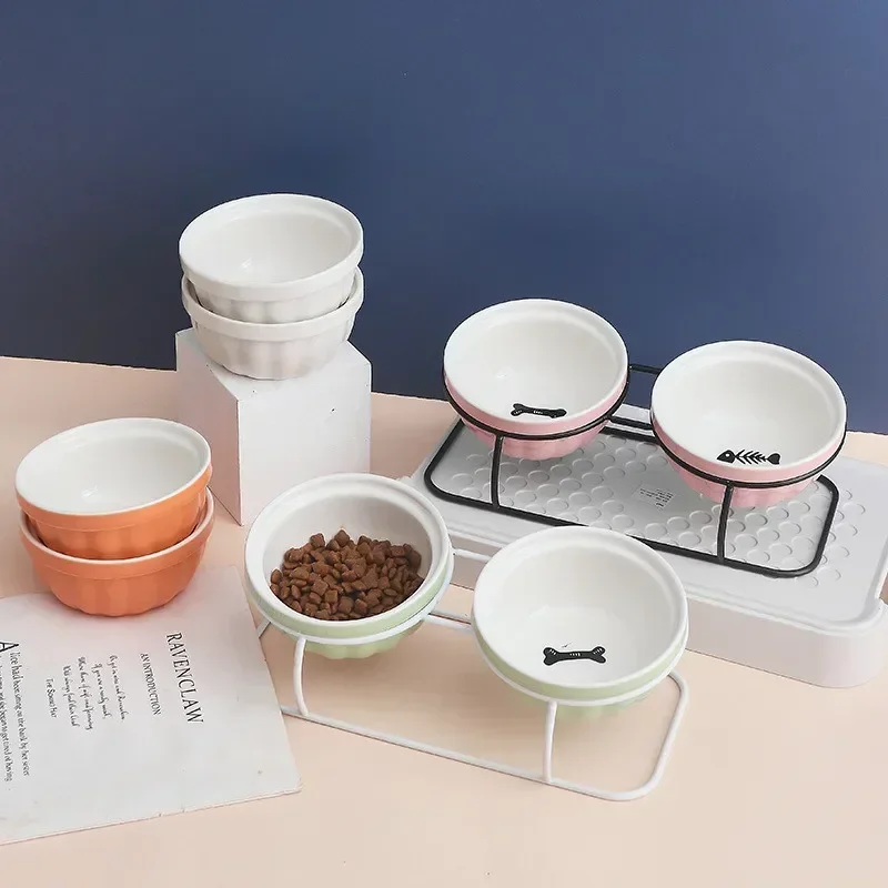 Cuenco doble a la moda, bonito alimentador de cerámica para mascotas, pie alto, diseño oblicuo, hueso de pescado, estampado, protege la columna vertebral, accesorios para comedero para perros - imagen 3
