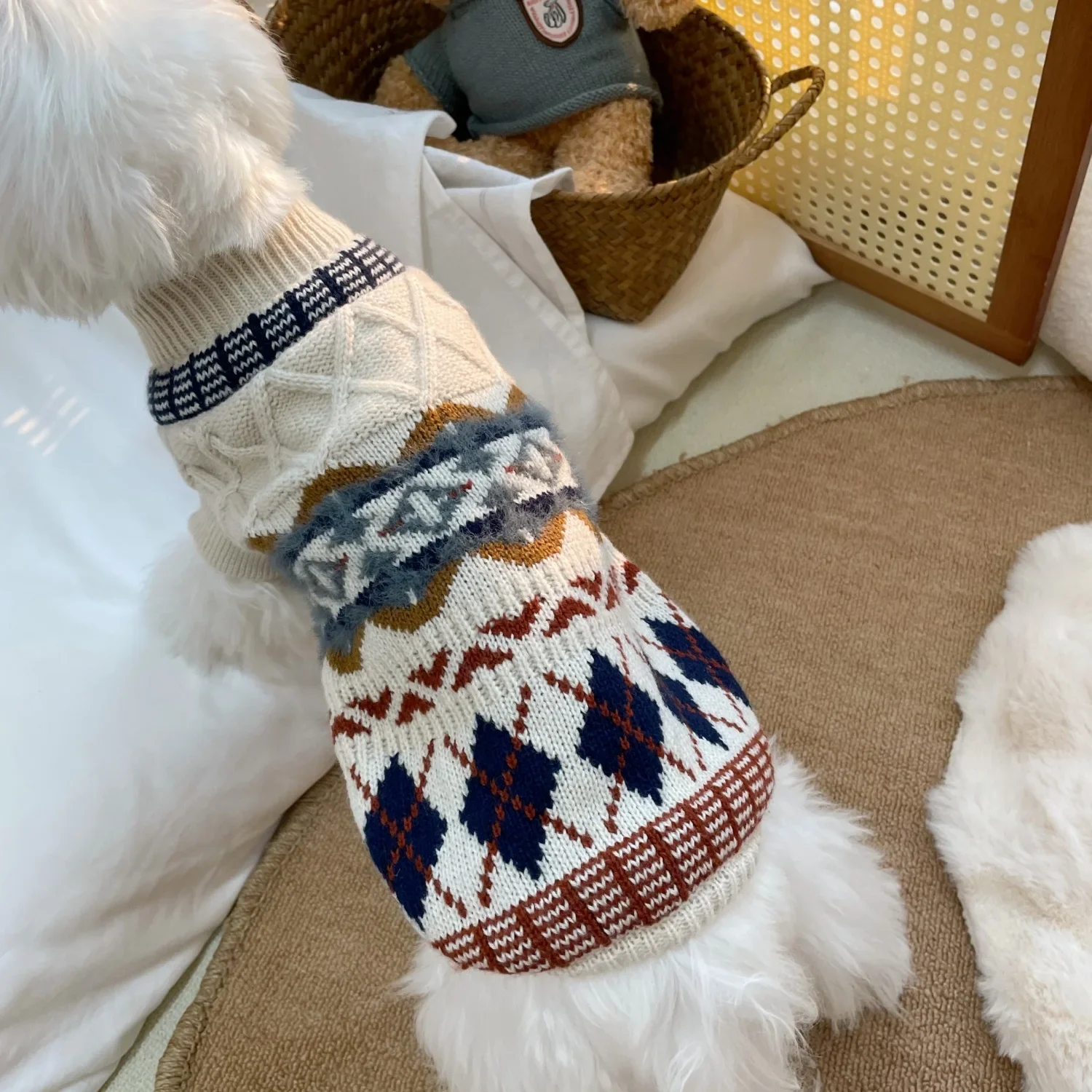 Ropa de otoño e invierno para mascotas, suéteres de punto a rayas con estampado de diamantes para perros pequeños, ropa para cachorros